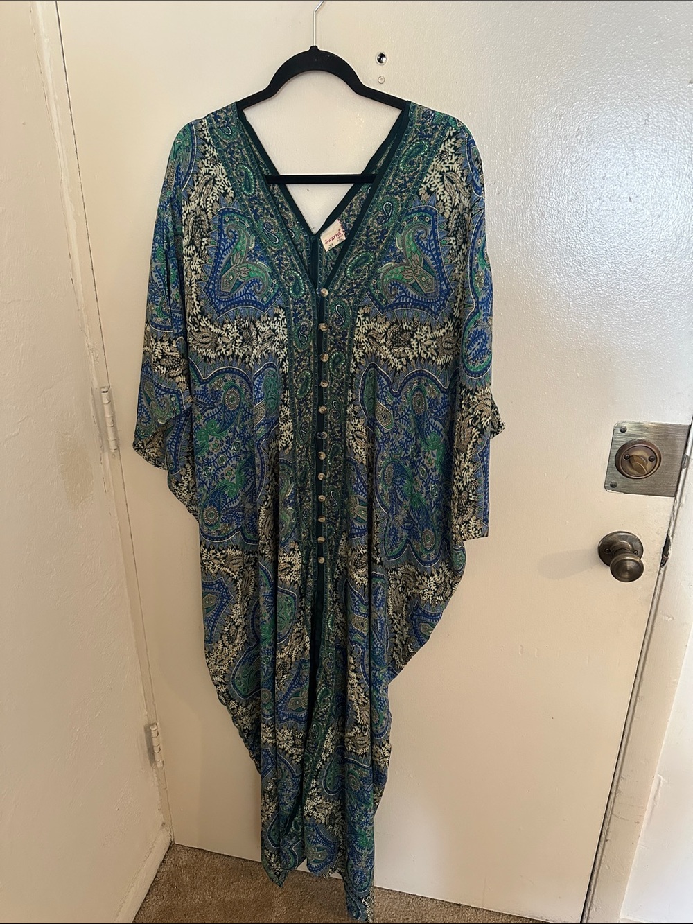 Swarna Silk Viscose Chiffon Paisley Blue Green V-Neck Long Kaftan One Size